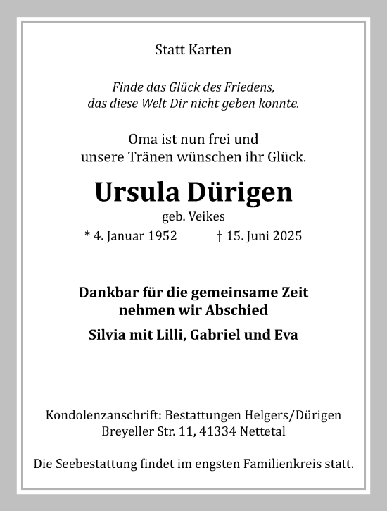 Traueranzeige von Ursula Dürigen von trauer.extra-tipp-moenchengladbach.de