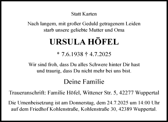 Traueranzeige von Ursula Höfel von trauer.wuppertaler-rundschau.de