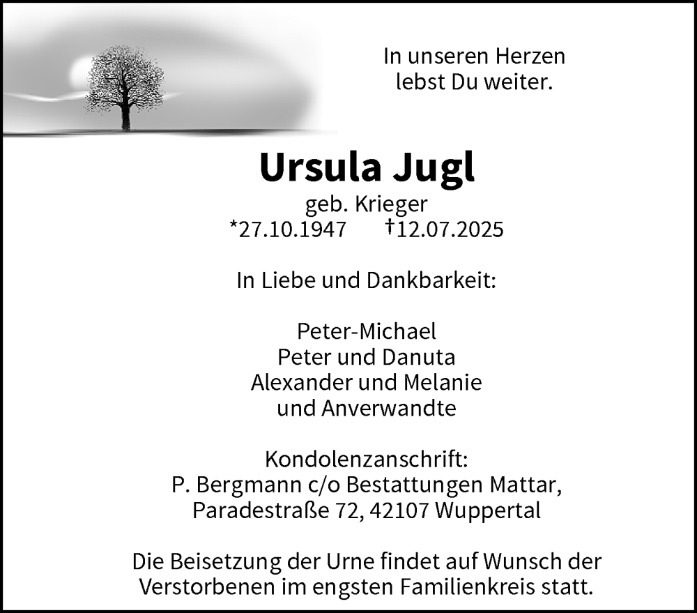  Traueranzeige für Ursula Jugl vom 19.07.2025 aus trauer.wuppertaler-rundschau.de
