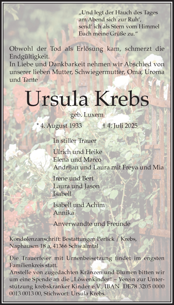  Traueranzeige für Ursula Krebs vom 13.07.2025 aus trauer.extra-tipp-moenchengladbach.de