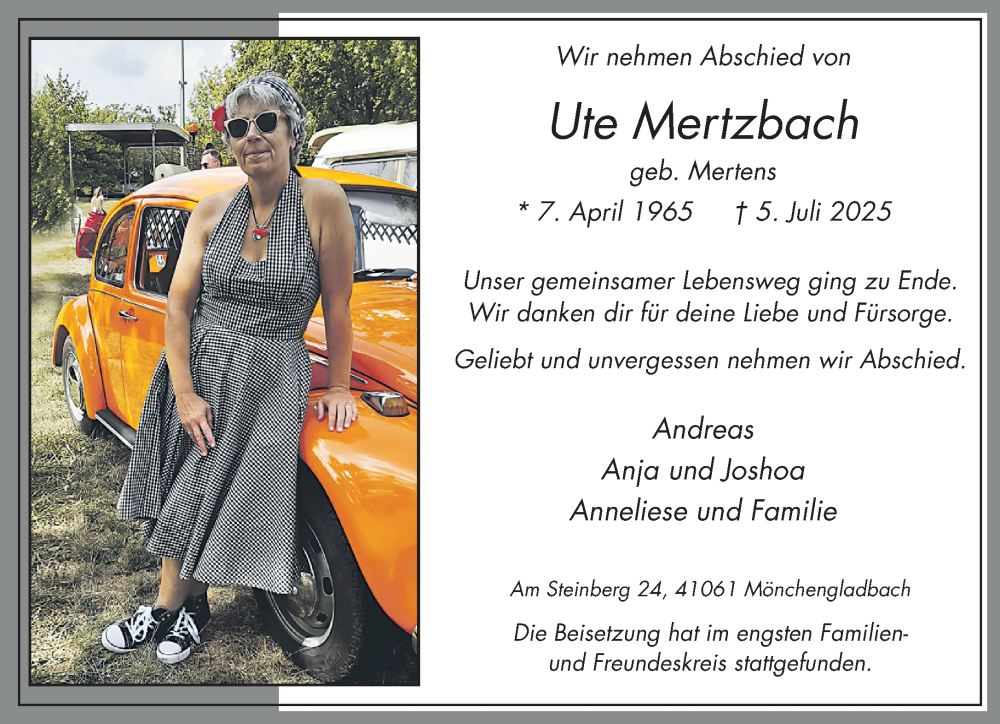  Traueranzeige für Ute Mertzbach vom 27.07.2025 aus trauer.extra-tipp-moenchengladbach.de