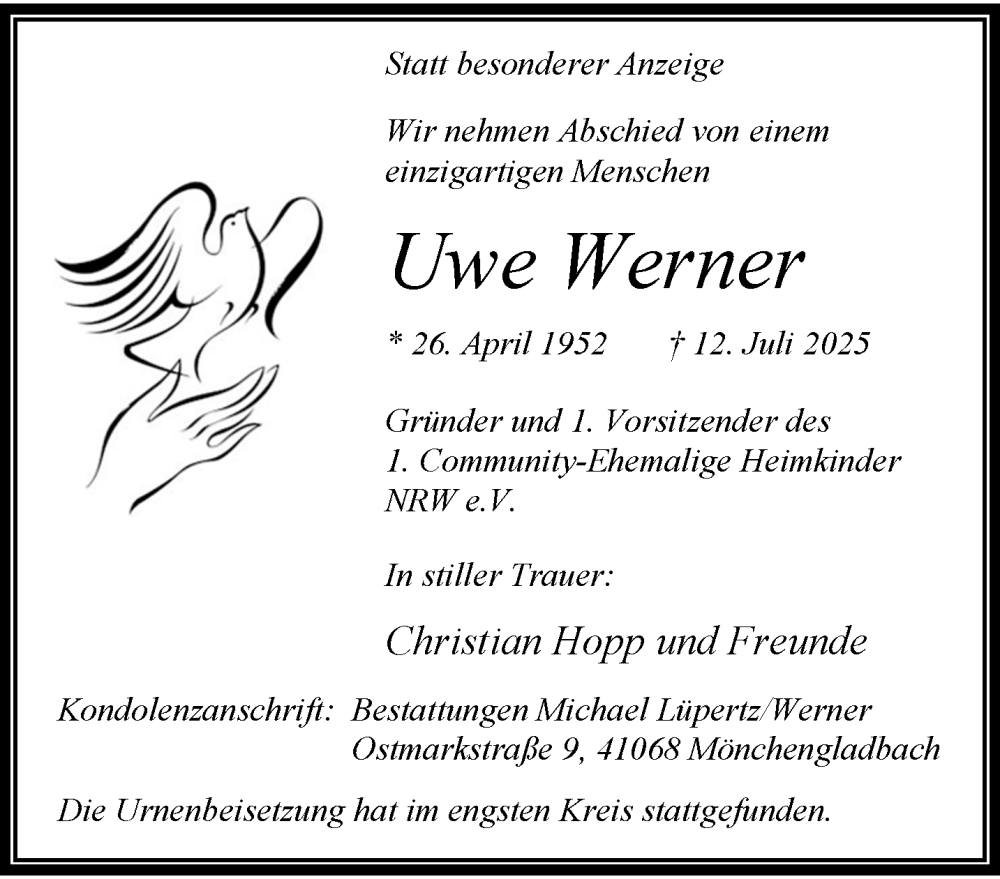  Traueranzeige für Uwe Werner vom 27.07.2025 aus trauer.extra-tipp-moenchengladbach.de