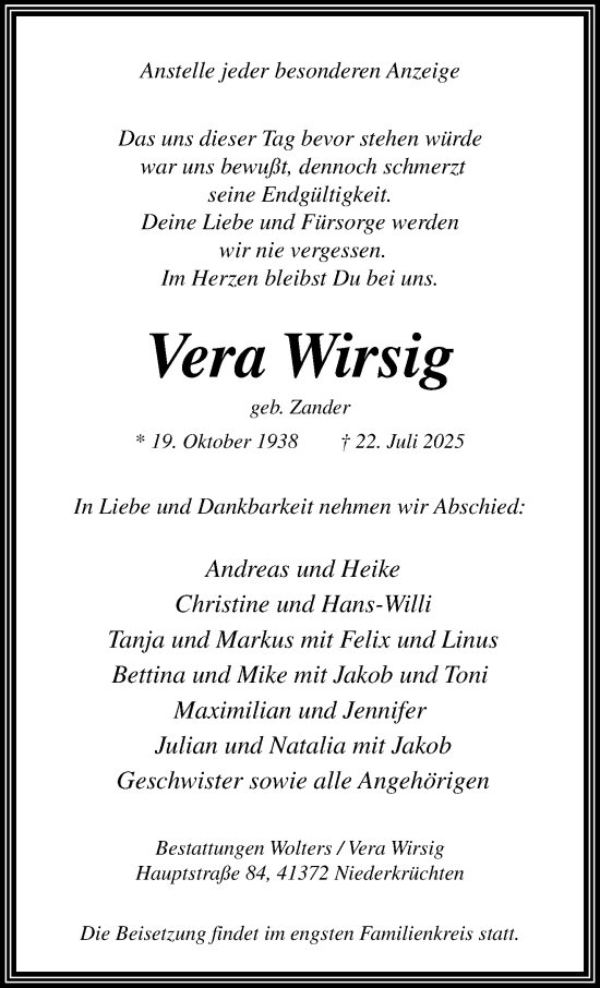 Traueranzeige von Vera Wirsig von trauer.extra-tipp-moenchengladbach.de