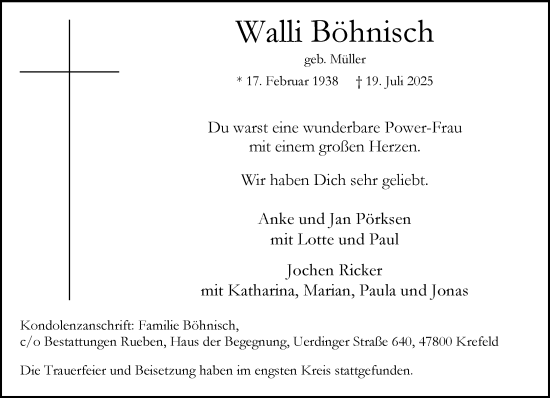 Traueranzeige von Walli Böhnisch von trauer.extra-tipp-moenchengladbach.de