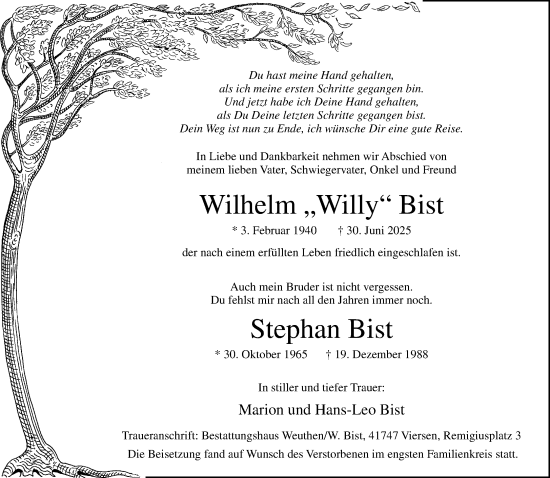 Traueranzeige von Wilhelm Bist von trauer.extra-tipp-moenchengladbach.de