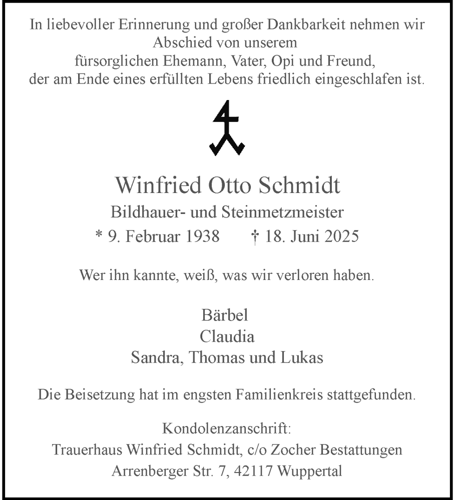  Traueranzeige für Winfried Otto Schmidt vom 12.07.2025 aus trauer.wuppertaler-rundschau.de