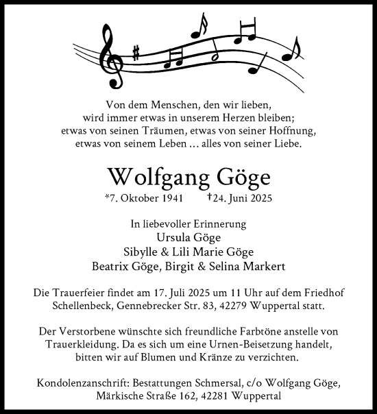 Traueranzeige von Wolfgang Göge von trauer.wuppertaler-rundschau.de