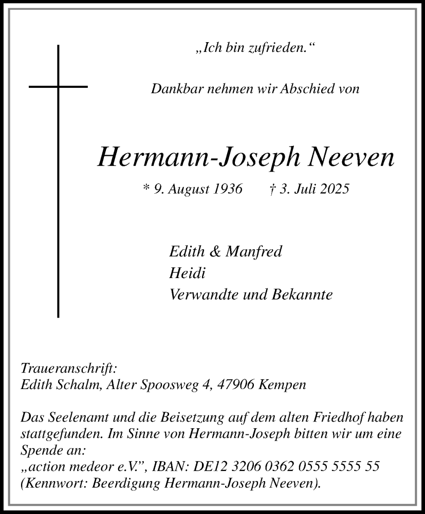  Traueranzeige für Hermann-Joseph Neeven vom 13.07.2025 aus Extra Tipp am Sonntag