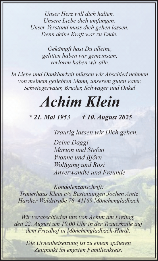 Traueranzeige von Achim Klein von trauer.extra-tipp-moenchengladbach.de