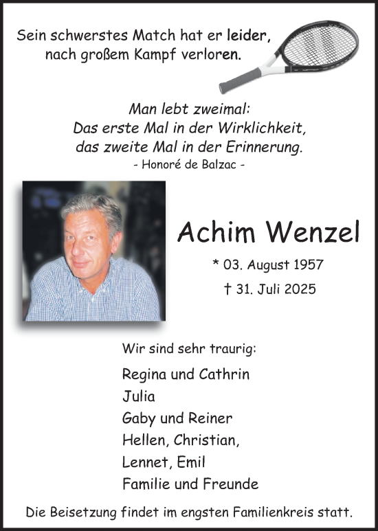 Traueranzeige von Achim Wenzel von trauer.extra-tipp-moenchengladbach.de