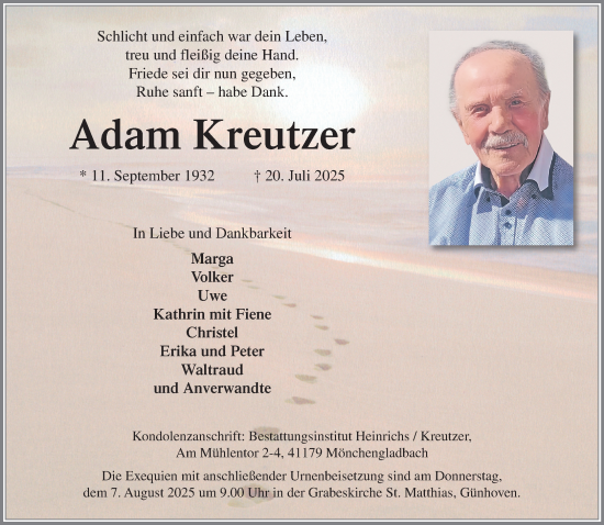Traueranzeige von Adam Kreutzer von trauer.extra-tipp-moenchengladbach.de
