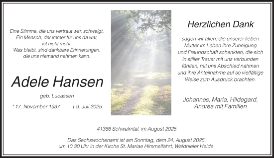 Traueranzeige von Adele Hansen von trauer.extra-tipp-moenchengladbach.de