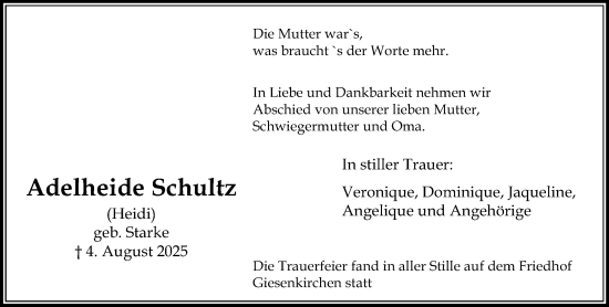 Traueranzeige von Adelheide Schultz von trauer.extra-tipp-moenchengladbach.de