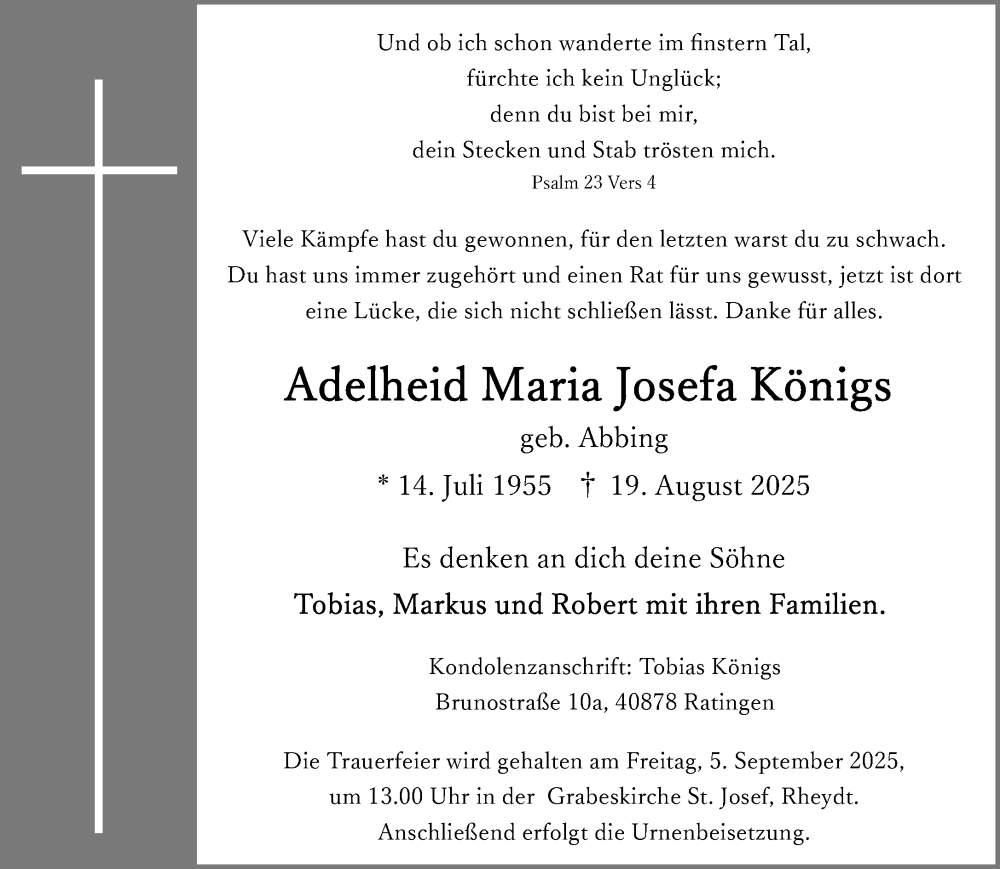  Traueranzeige für Adelheid Maria Josefa Königs vom 31.08.2025 aus trauer.extra-tipp-moenchengladbach.de