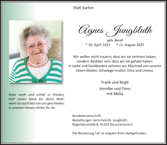 Traueranzeige von Agnes Jungbluth von trauer.extra-tipp-moenchengladbach.de