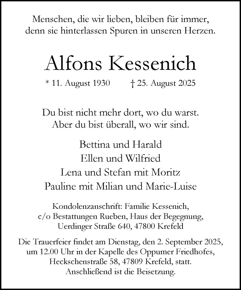  Traueranzeige für Alfons Kessenich vom 31.08.2025 aus trauer.extra-tipp-moenchengladbach.de