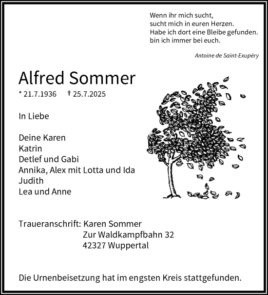 Traueranzeige von Alfred Sommer von trauer.wuppertaler-rundschau.de