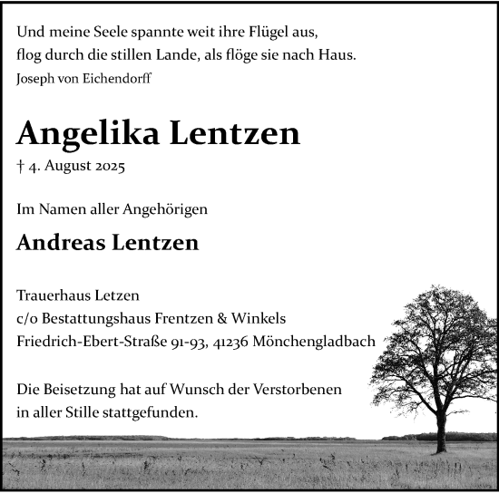 Traueranzeige von Angelika Lentzen von trauer.extra-tipp-moenchengladbach.de