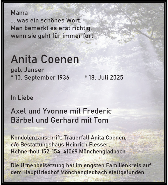 Traueranzeige von Anita Coenen von trauer.extra-tipp-moenchengladbach.de