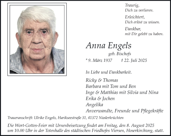 Traueranzeige von Anna Engels von trauer.extra-tipp-moenchengladbach.de