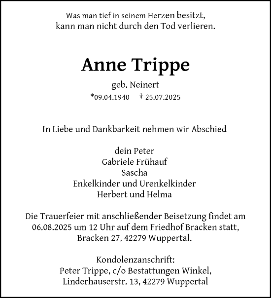 Traueranzeige von Anne Trippe von trauer.wuppertaler-rundschau.de