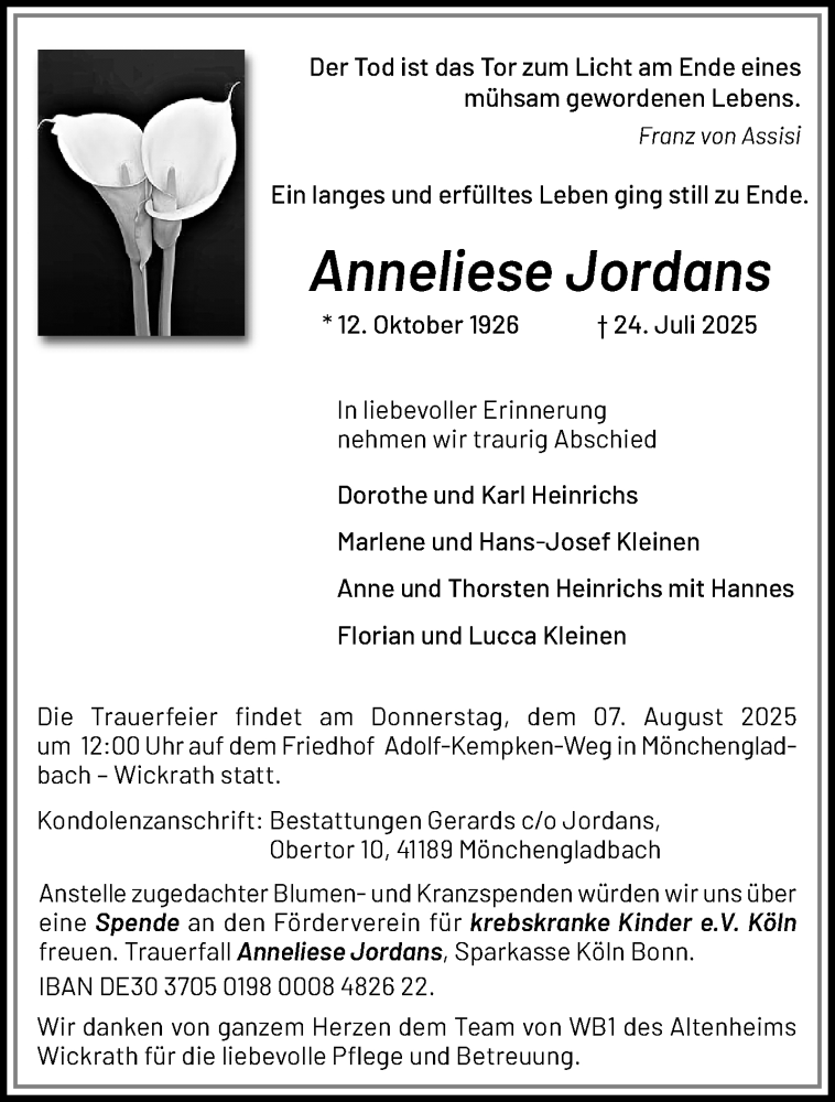  Traueranzeige für Anneliese Jordans vom 03.08.2025 aus trauer.extra-tipp-moenchengladbach.de