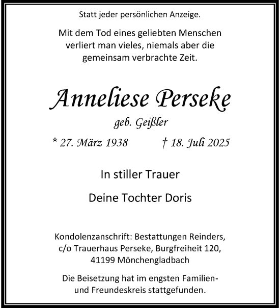 Traueranzeige von Anneliese Perseke von trauer.extra-tipp-moenchengladbach.de