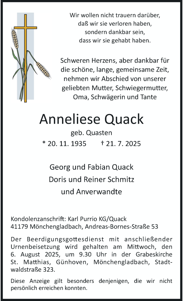  Traueranzeige für Anneliese Quack vom 03.08.2025 aus trauer.extra-tipp-moenchengladbach.de