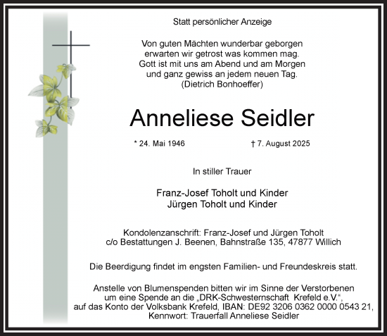 Traueranzeige von Anneliese Seidler von trauer.extra-tipp-moenchengladbach.de