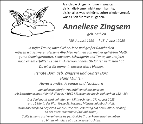 Traueranzeige von Anneliese Zingsem von trauer.extra-tipp-moenchengladbach.de