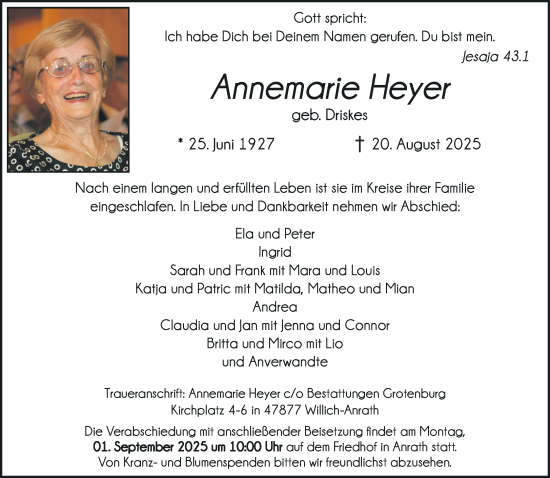 Traueranzeige von Annemarie Heyer von trauer.extra-tipp-moenchengladbach.de