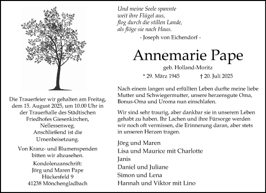 Traueranzeige von Annemarie Pape von trauer.extra-tipp-moenchengladbach.de