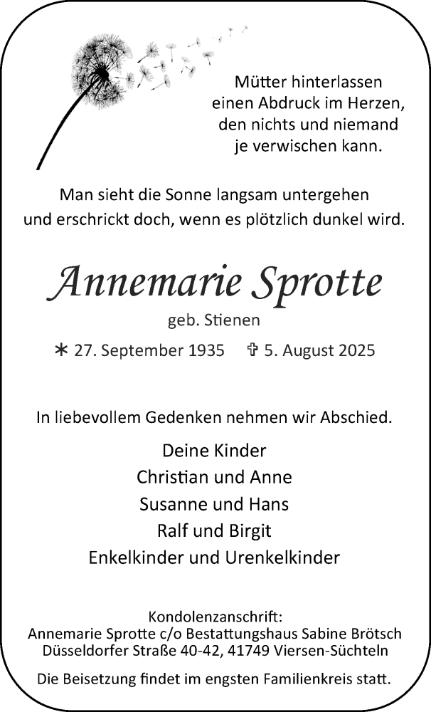  Traueranzeige für Annemarie Sprotte vom 17.08.2025 aus trauer.extra-tipp-moenchengladbach.de