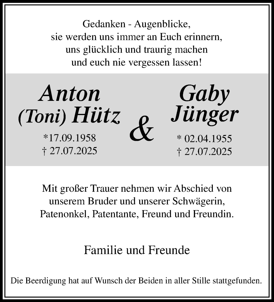 Traueranzeige für Anton und Gaby  vom 24.08.2025 aus trauer.extra-tipp-moenchengladbach.de
