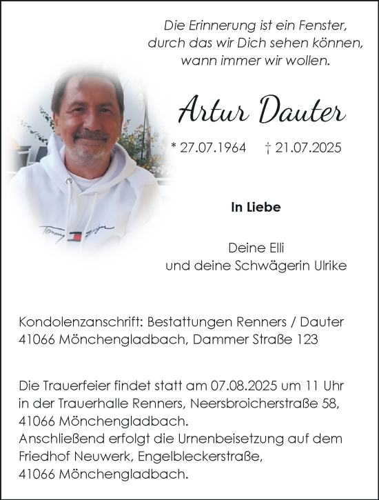 Traueranzeige von Artur Dauter von trauer.extra-tipp-moenchengladbach.de