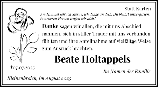 Traueranzeige von Beate Holtappels von trauer.extra-tipp-moenchengladbach.de