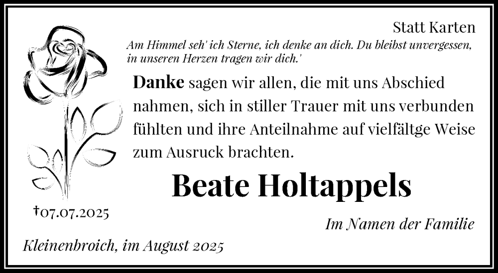  Traueranzeige für Beate Holtappels vom 10.08.2025 aus trauer.extra-tipp-moenchengladbach.de