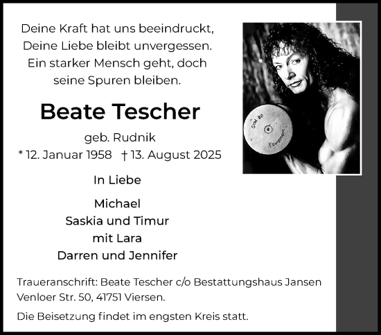 Traueranzeige von Beate Tescher von trauer.extra-tipp-moenchengladbach.de