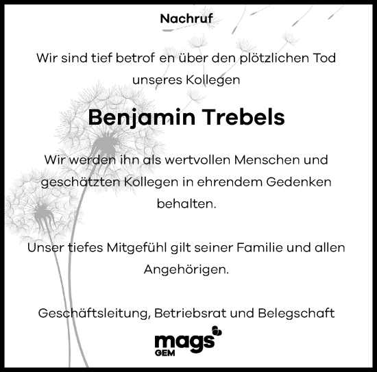 Traueranzeige von Benjamin Trebels von trauer.extra-tipp-moenchengladbach.de
