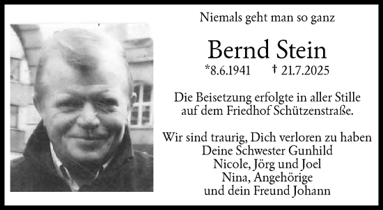 Traueranzeige von Bernd Stein von trauer.wuppertaler-rundschau.de