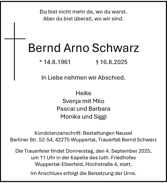 Traueranzeige von Bernd Arno Schwarz von trauer.wuppertaler-rundschau.de