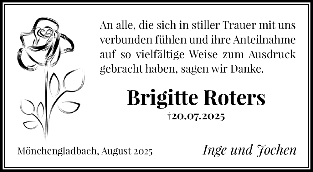  Traueranzeige für Brigitte Roters vom 31.08.2025 aus trauer.extra-tipp-moenchengladbach.de
