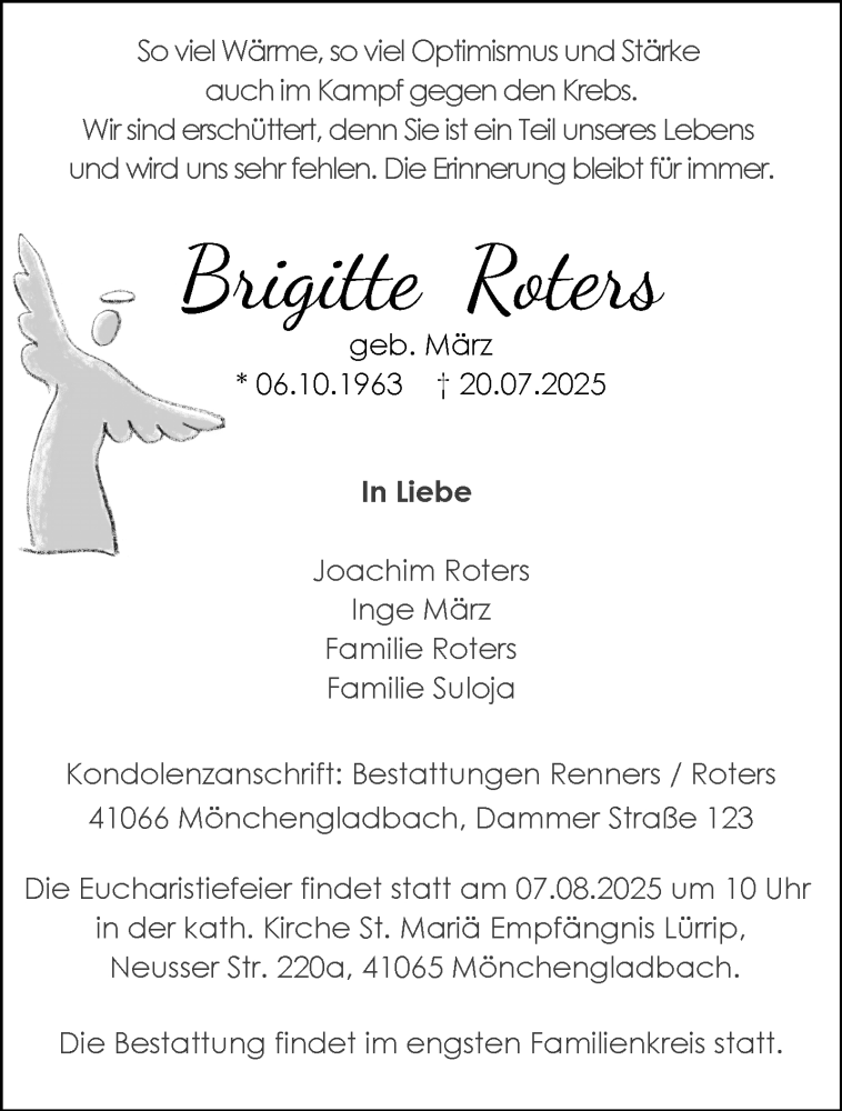  Traueranzeige für Brigitte Roters vom 03.08.2025 aus trauer.extra-tipp-moenchengladbach.de