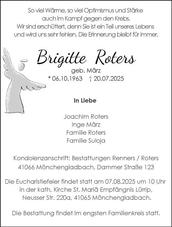 Traueranzeige von Brigitte Roters von trauer.extra-tipp-moenchengladbach.de