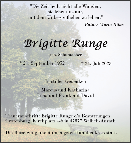Traueranzeige von Brigitte Runge von trauer.extra-tipp-moenchengladbach.de
