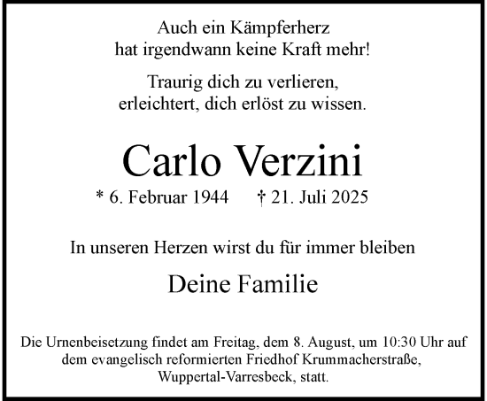 Traueranzeige von Carlo Verzini von trauer.wuppertaler-rundschau.de