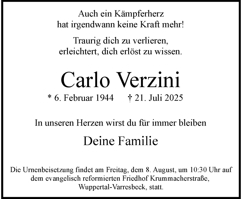  Traueranzeige für Carlo Verzini vom 02.08.2025 aus trauer.wuppertaler-rundschau.de