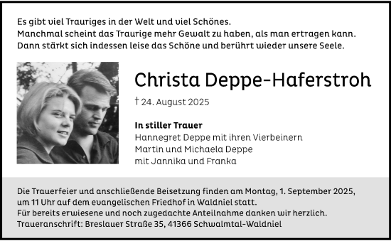 Traueranzeige von Christa Deppe-Haferstroh von trauer.extra-tipp-moenchengladbach.de