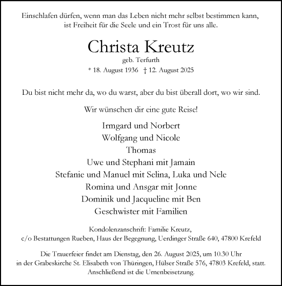 Traueranzeige von Christa Kreutz von trauer.extra-tipp-moenchengladbach.de