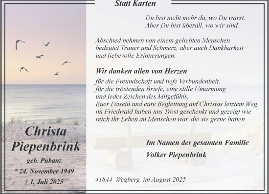 Traueranzeige von Christa Piepenbrink von trauer.extra-tipp-moenchengladbach.de